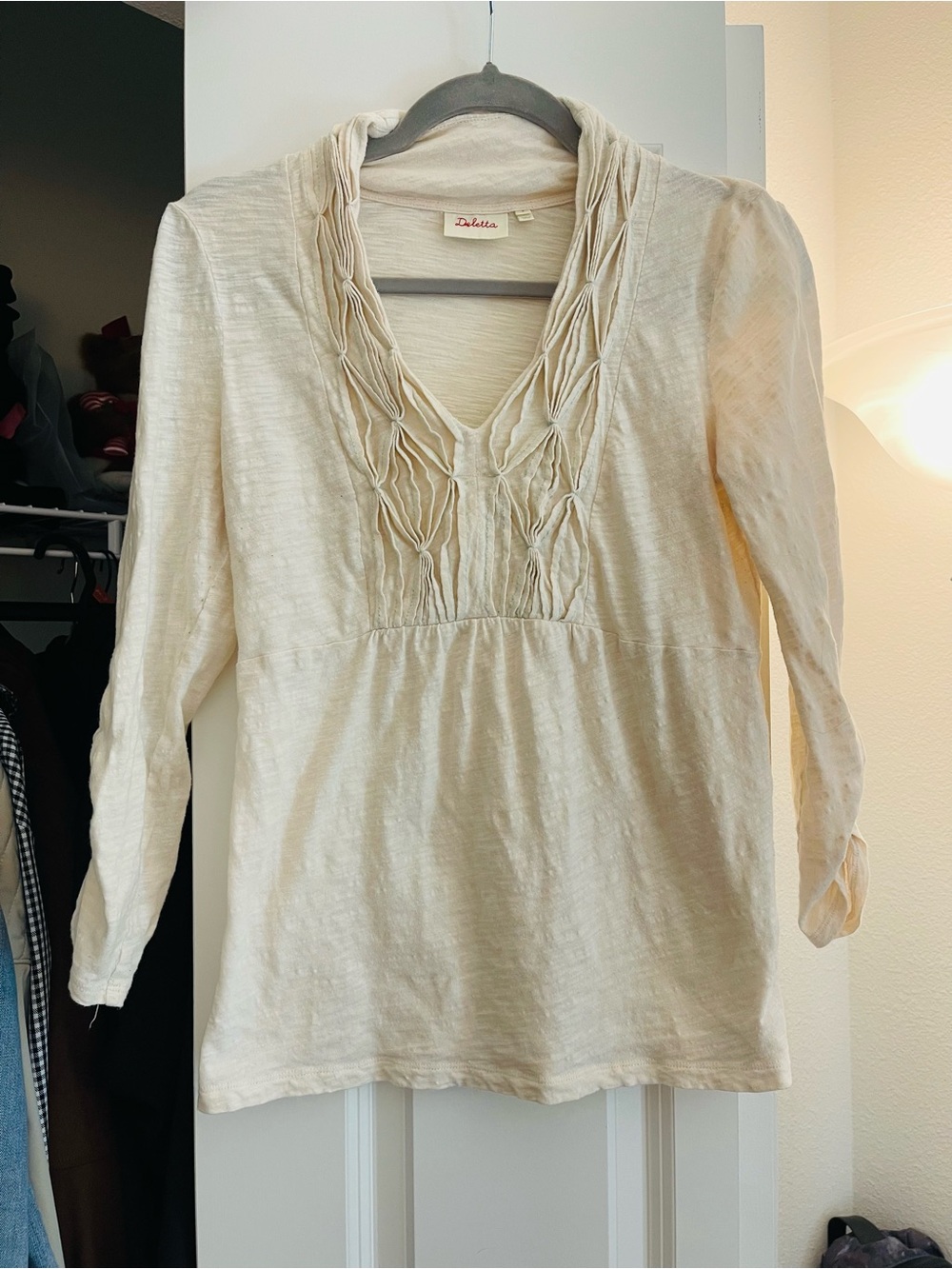 Deletta for Anthropologie Cream V-Neck Textured Top